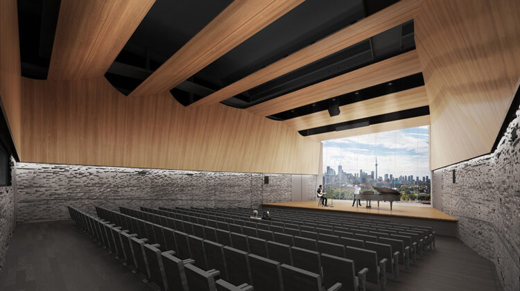 Rendering of the Interior of the 90 Queens Park performance hall with a view of the Toronto skyline